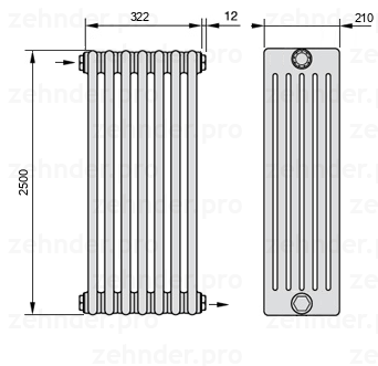 Схема (чертеж) Радиатор Zehnder Charleston 6250/7 №1670 Белый глянцевый RAL 9016